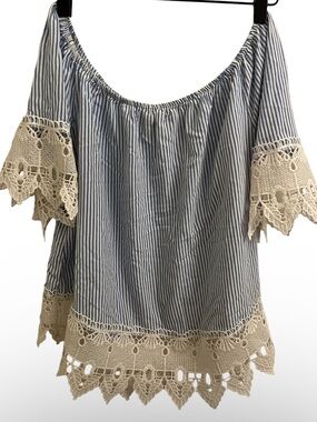 Unique Spectrum Blue Stripe Crochet-Trim Off-Shoulder Top